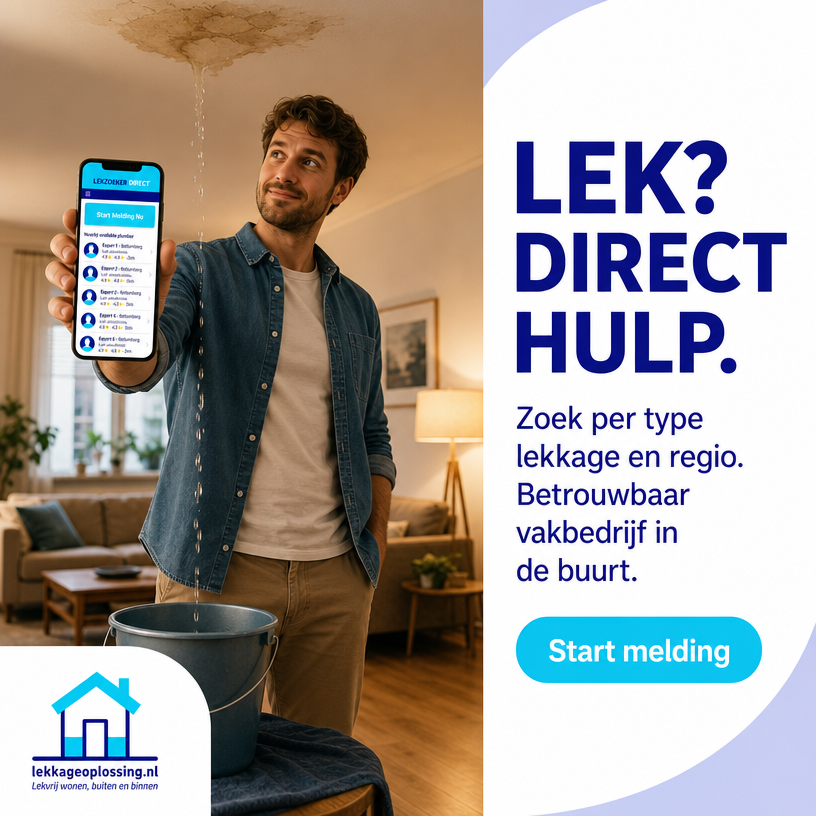 Man ontdekt een lekkend plafond en zoekt via zijn smartphone op Lekkageoplossing.nl naar professionele hulp. De afbeelding laat zien hoe je eenvoudig een betrouwbaar lekdetectiebedrijf in je eigen regio vindt voor het snel opsporen en verhelpen van waterlekkages en waterschade.