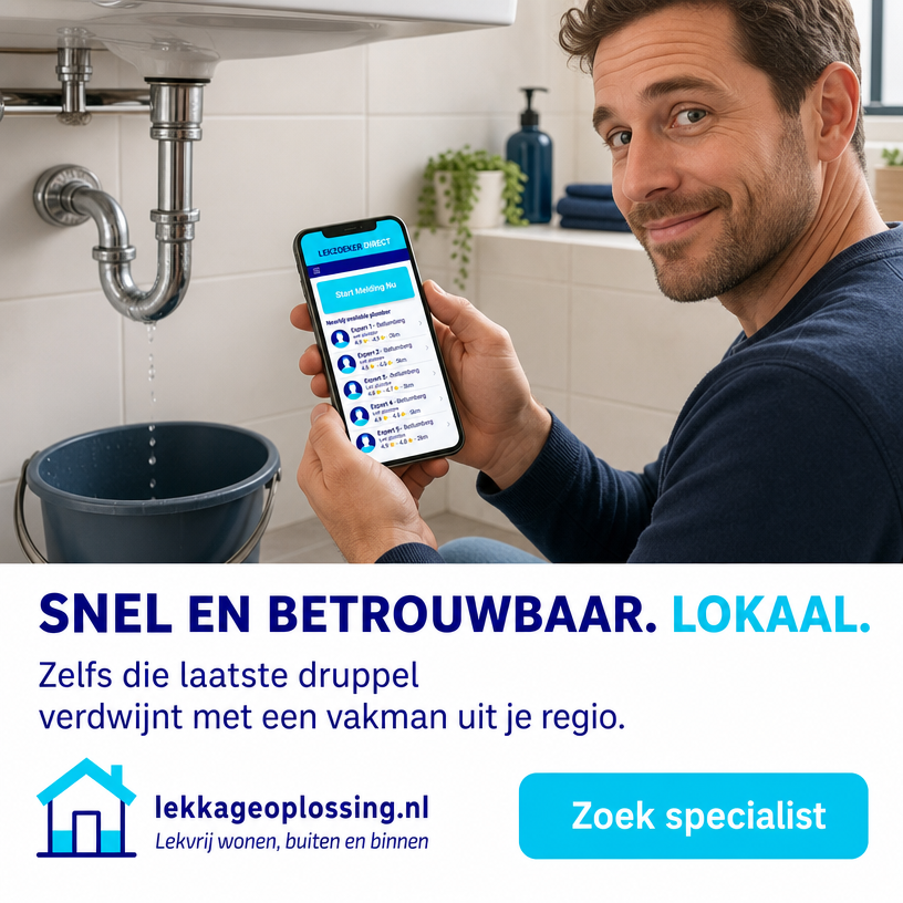 Man meldt een lekkende wastafelafvoer via zijn smartphone en zoekt een lokale lekdetectiespecialist via lekkageoplossing.nl voor snelle en betrouwbare hulp bij lekkages.