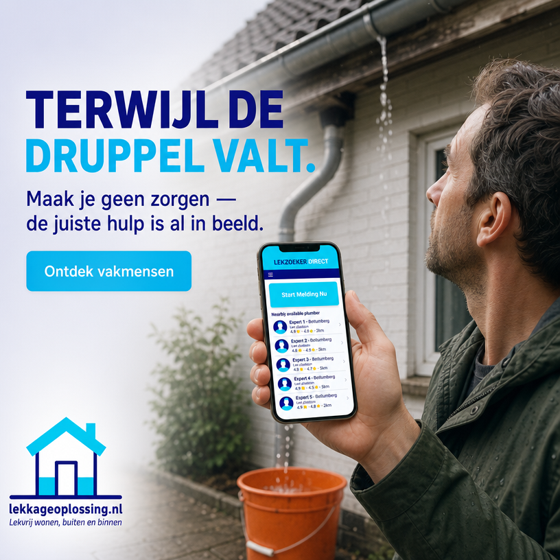 Man ontdekt een lekkende dakgoot en zoekt via zijn smartphone naar professionele hulp bij lekkage. Lekkageoplossing.nl helpt bij het vinden van vakmensen voor snelle lekdetectie en het verhelpen van lekkages en waterschade.