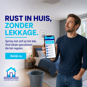 Man in blauwe trui houdt een smartphone vast met de tekst 'Rust in huis, zonder lekkage' en een knop 'Bekijk nu' voor lekkageoplossing.nl.