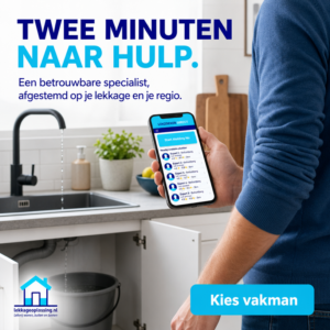 Advertentie voor lekkageoplossing.nl met de tekst 'Twee minuten naar hulp. Een betrouwbare specialist, afgestemd op je lekkage en je regio.' met knop 'Kies vakman'. Op de foto staat een man in een keuken bij de gootsteen, die een telefoon met de Lekzoeker Direct-app vasthoudt met een overzicht van beschikbare specialisten.
