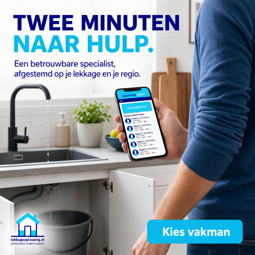 Man ontdekt een lekkende dakgoot en zoekt via zijn smartphone op Lekkageoplossing.nl naar betrouwbare vakmensen. De afbeelding laat zien hoe je snel professionele hulp vindt bij daklekkage, lekdetectie en waterschade, zonder onnodige vertraging.
