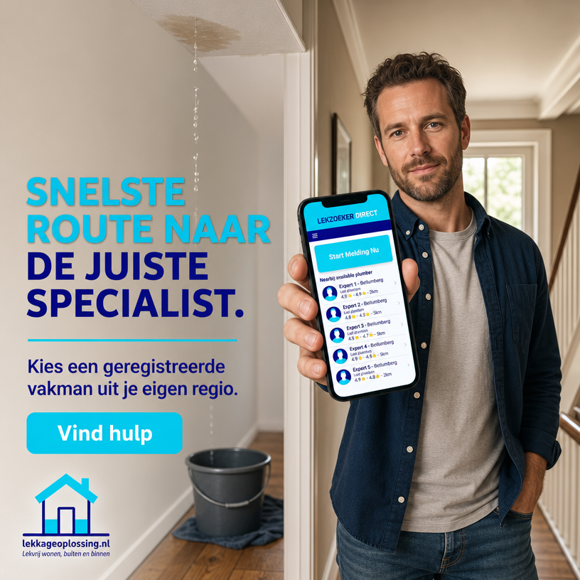 Man toont op zijn smartphone Lekkageoplossing.nl terwijl water uit een lekkend plafond druppelt. Via het platform vindt hij snel een geregistreerde lekdetectiespecialist uit zijn eigen regio voor professionele lekdetectie, het opsporen van verborgen lekkages en het herstellen van waterschade.