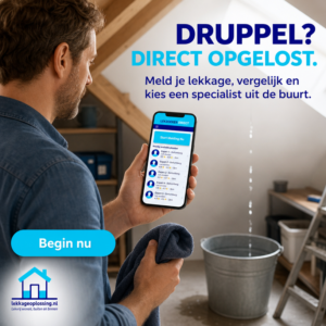 "Man op zolder met een lekkage houdt een handdoek en telefoon met de Lekzoeker Direct-app vast, emmer vangt druppelend water op. Advertentie van lekkageoplossing.nl: 'Druppel? Direct opgelost.'