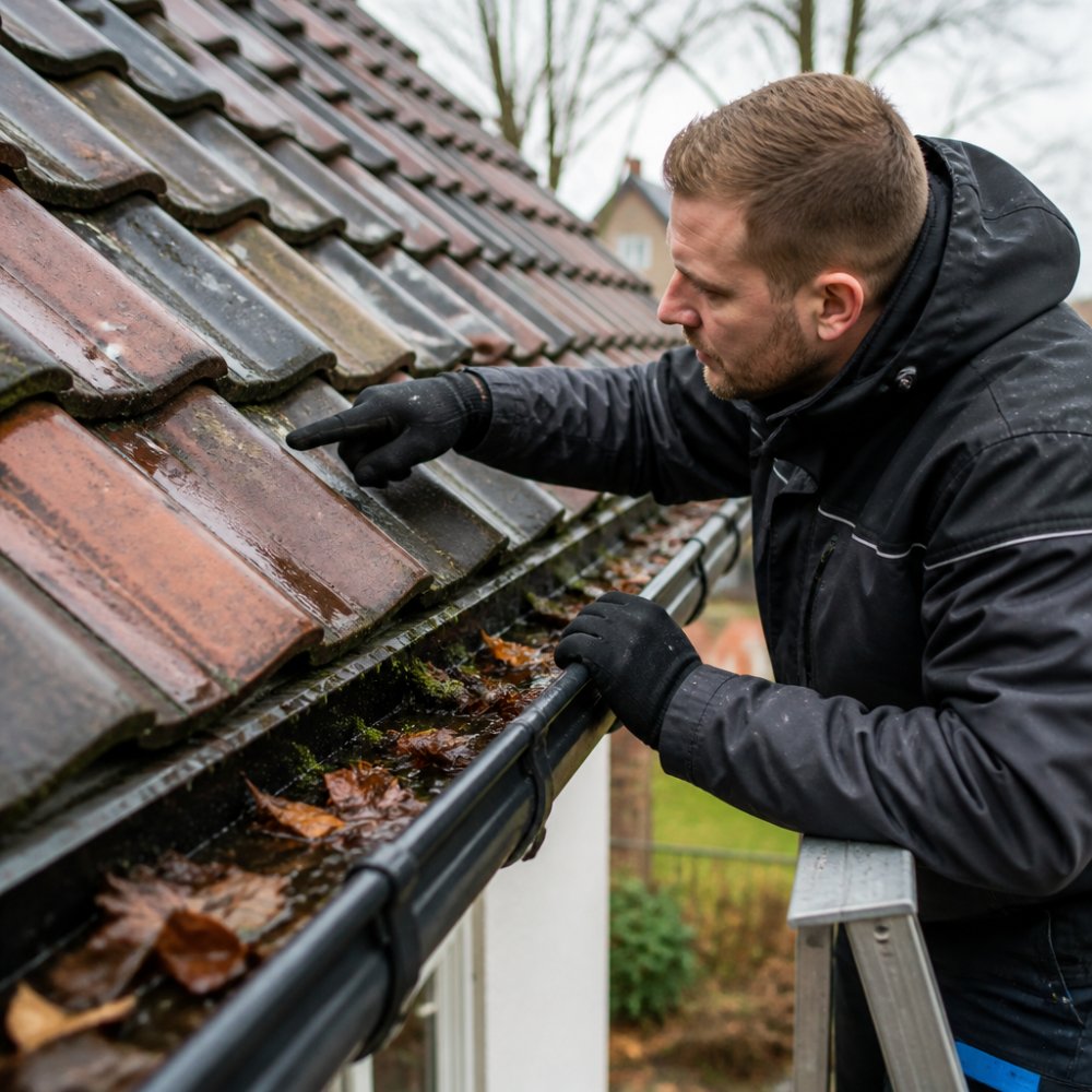 Close-up van dakpannen met zichtbare vochtplekken, watervlekken en beschadigde voegen in daglicht, dakgoot vol bladeren