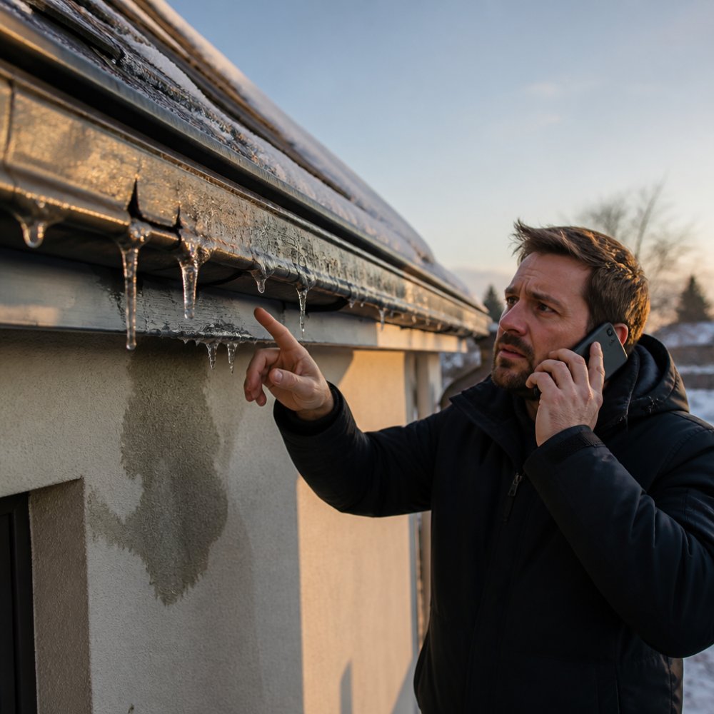 Close-up van een dakgoot met zichtbare scheuren en ijsresten langs de dakrand, met een vochtplek op de gevel eronder, koud winterlicht