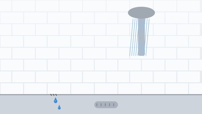 Illustratie: douche met gescheurde kitnaad waar water doorheen lekt