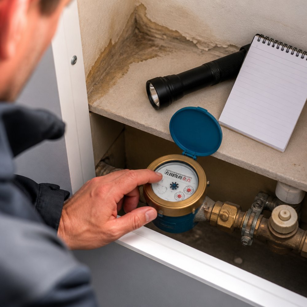 Close-up van een watermeter in een Nederlandse woning met een hand die de meterstand afleest, zaklamp en notitieblok op de achtergrond