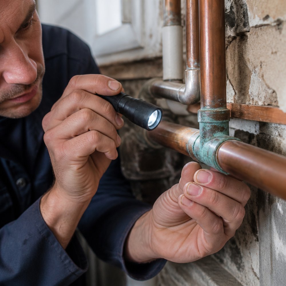 Close-up van een loodgieter die een koperen waterleiding inspecteert met een zaklamp, zichtbare groen-blauwe corrosievlekken op een koppeling in een oud huis
