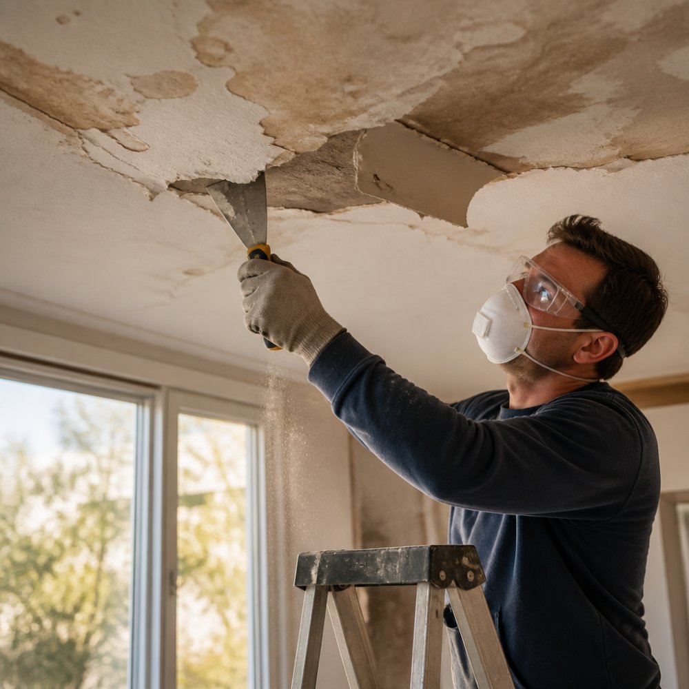Close-up van handen met een plamuurmes die loszittend stucwerk van een plafond steken, stofmasker en veiligheidsbril in beeld, trap eronder, daglicht uit een raam